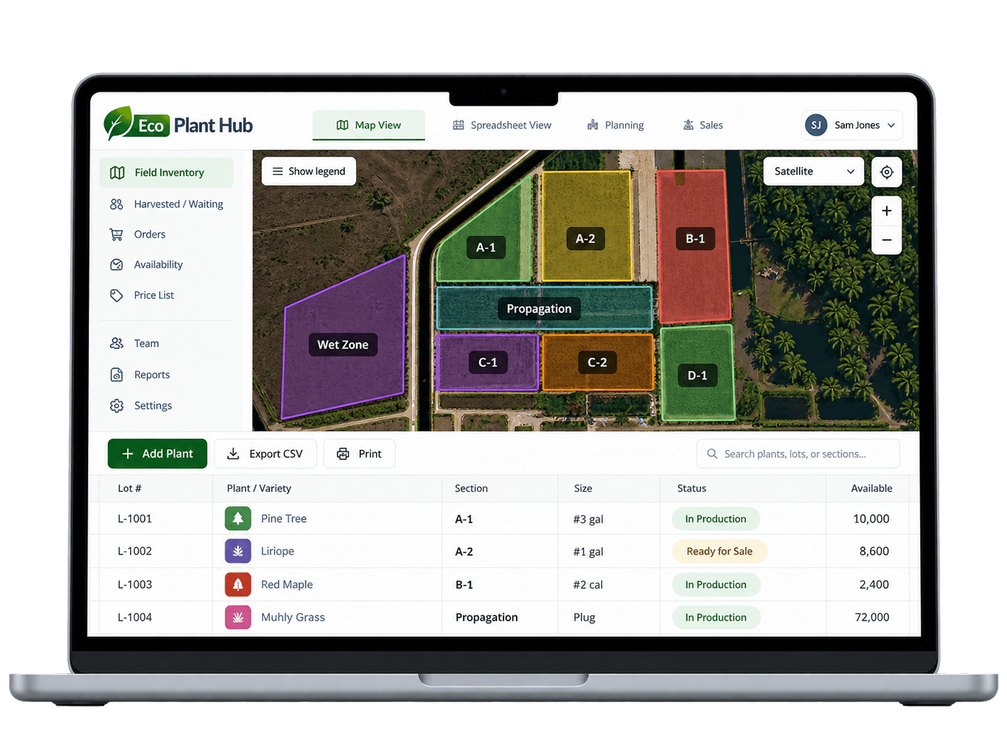 Eco Plant Hub map and inventory on laptop