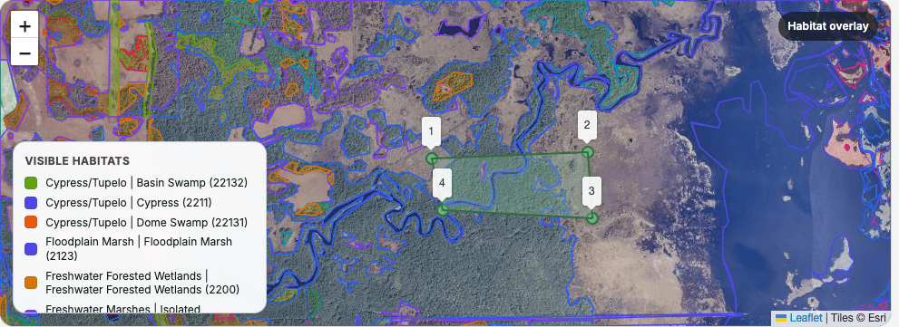Habitat overlay map with classified wetland polygons over satellite imagery and a site boundary